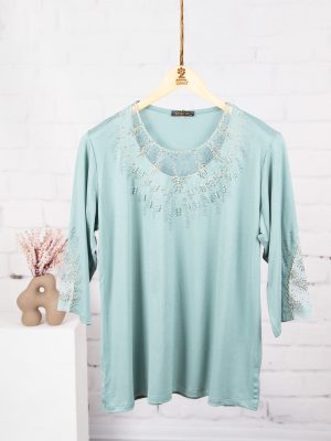 بلوز سه ربع ویلفو یقه تور گلدوزی