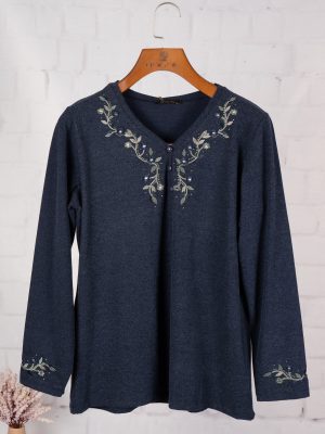 بلوز سافت سه دکمه گلدوزی نقره ای